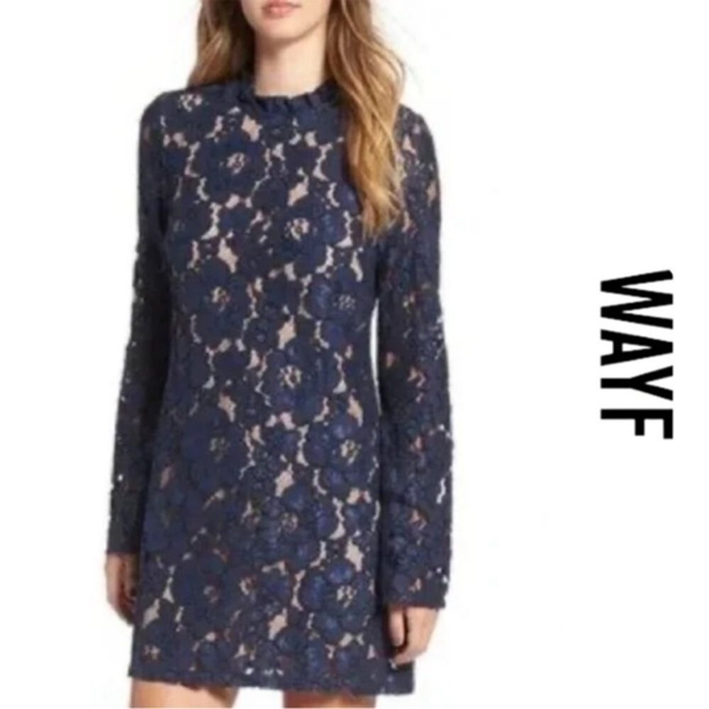 Wayf Navy Blue Lace Long-Sleeve Mini Dress